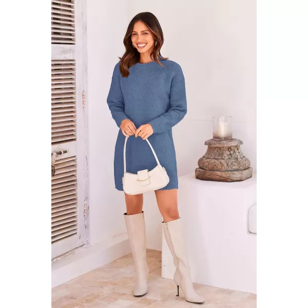imagePRETTYGARDEN Womens 2023 Fall Knit Pullover Sweaters Long Sleeve Crewneck Oversized Loose Short Sweater DressGrey Blue