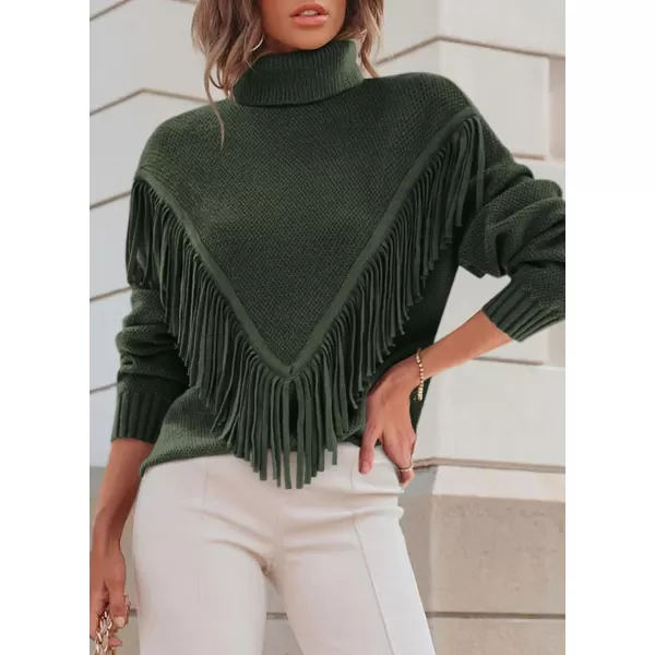 imagePRETTYGARDEN Womens 2023 Fall Knit Pullover Sweaters Long Sleeve Turtleneck Fringe Jumper Tops BlouseArmy Green