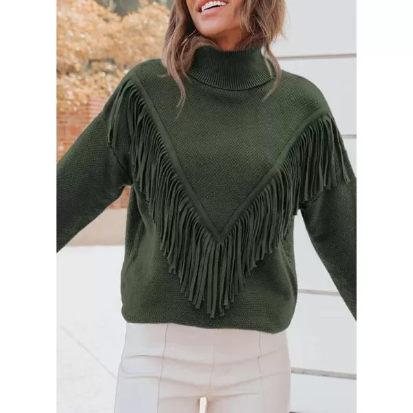 imagePRETTYGARDEN Womens 2023 Fall Knit Pullover Sweaters Long Sleeve Turtleneck Fringe Jumper Tops BlouseArmy Green