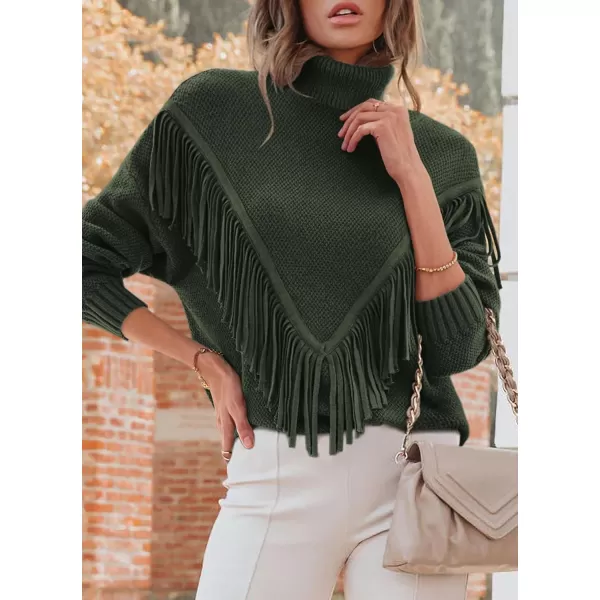 imagePRETTYGARDEN Womens 2023 Fall Knit Pullover Sweaters Long Sleeve Turtleneck Fringe Jumper Tops BlouseArmy Green