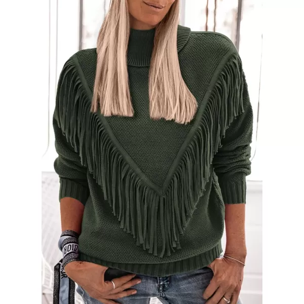 imagePRETTYGARDEN Womens 2023 Fall Knit Pullover Sweaters Long Sleeve Turtleneck Fringe Jumper Tops BlouseArmy Green
