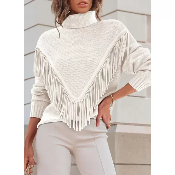 imagePRETTYGARDEN Womens 2023 Fall Knit Pullover Sweaters Long Sleeve Turtleneck Fringe Jumper Tops BlouseBeige