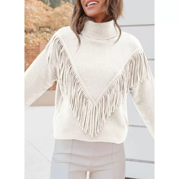 imagePRETTYGARDEN Womens 2023 Fall Knit Pullover Sweaters Long Sleeve Turtleneck Fringe Jumper Tops BlouseBeige