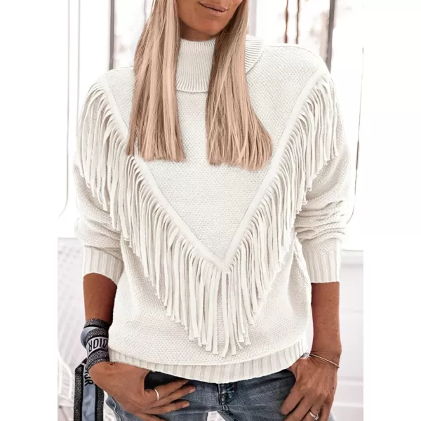 imagePRETTYGARDEN Womens 2023 Fall Knit Pullover Sweaters Long Sleeve Turtleneck Fringe Jumper Tops BlouseBeige