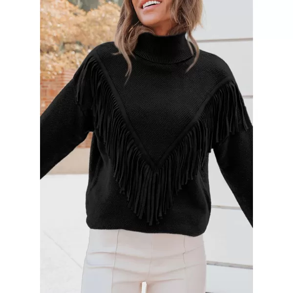 imagePRETTYGARDEN Womens 2023 Fall Knit Pullover Sweaters Long Sleeve Turtleneck Fringe Jumper Tops BlouseBlack