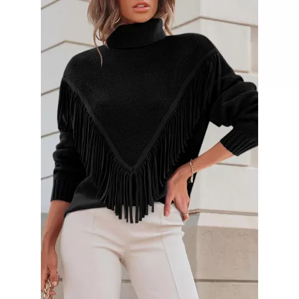 imagePRETTYGARDEN Womens 2023 Fall Knit Pullover Sweaters Long Sleeve Turtleneck Fringe Jumper Tops BlouseBlack
