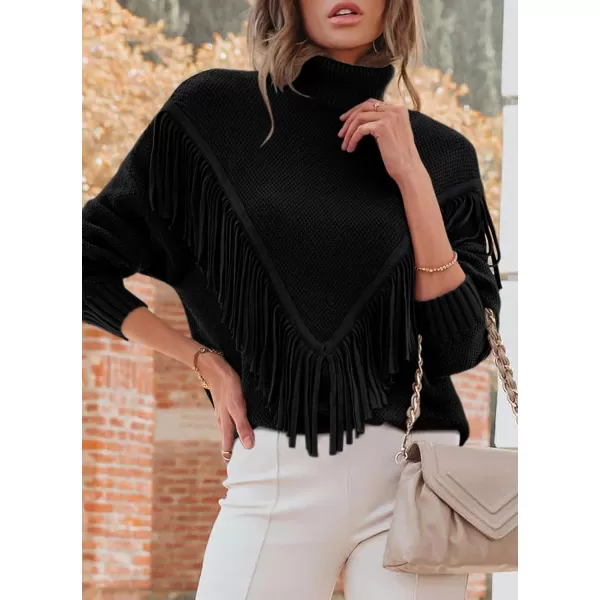 imagePRETTYGARDEN Womens 2023 Fall Knit Pullover Sweaters Long Sleeve Turtleneck Fringe Jumper Tops BlouseBlack