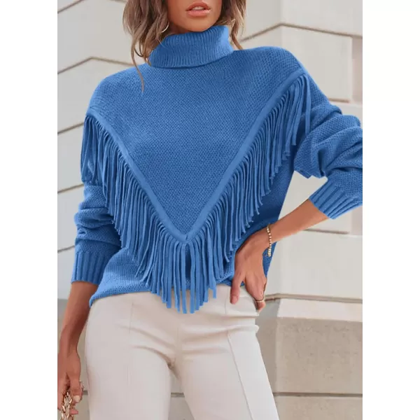 imagePRETTYGARDEN Womens 2023 Fall Knit Pullover Sweaters Long Sleeve Turtleneck Fringe Jumper Tops BlouseBlue