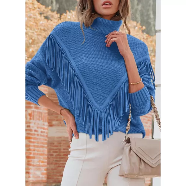 imagePRETTYGARDEN Womens 2023 Fall Knit Pullover Sweaters Long Sleeve Turtleneck Fringe Jumper Tops BlouseBlue