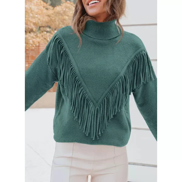 imagePRETTYGARDEN Womens 2023 Fall Knit Pullover Sweaters Long Sleeve Turtleneck Fringe Jumper Tops BlouseGreen