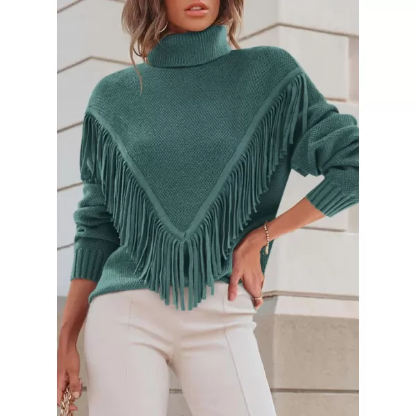 imagePRETTYGARDEN Womens 2023 Fall Knit Pullover Sweaters Long Sleeve Turtleneck Fringe Jumper Tops BlouseGreen
