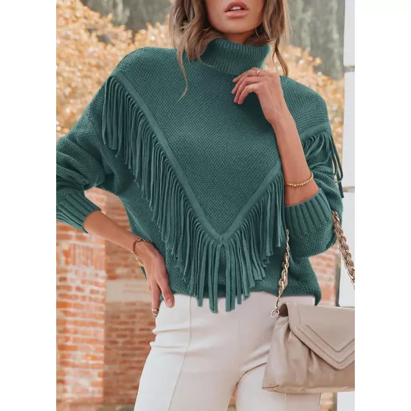 imagePRETTYGARDEN Womens 2023 Fall Knit Pullover Sweaters Long Sleeve Turtleneck Fringe Jumper Tops BlouseGreen