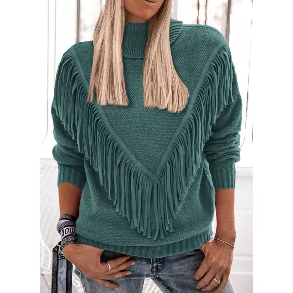 imagePRETTYGARDEN Womens 2023 Fall Knit Pullover Sweaters Long Sleeve Turtleneck Fringe Jumper Tops BlouseGreen