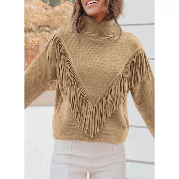 imagePRETTYGARDEN Womens 2023 Fall Knit Pullover Sweaters Long Sleeve Turtleneck Fringe Jumper Tops BlouseKhaki