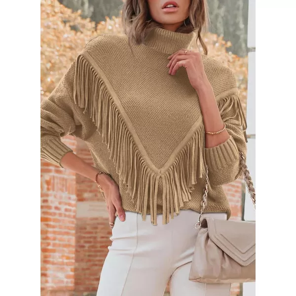imagePRETTYGARDEN Womens 2023 Fall Knit Pullover Sweaters Long Sleeve Turtleneck Fringe Jumper Tops BlouseKhaki