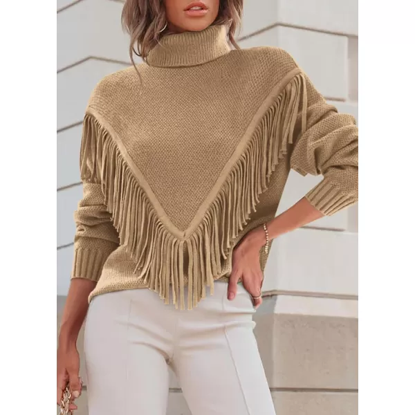 imagePRETTYGARDEN Womens 2023 Fall Knit Pullover Sweaters Long Sleeve Turtleneck Fringe Jumper Tops BlouseKhaki