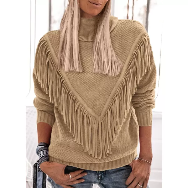 imagePRETTYGARDEN Womens 2023 Fall Knit Pullover Sweaters Long Sleeve Turtleneck Fringe Jumper Tops BlouseKhaki