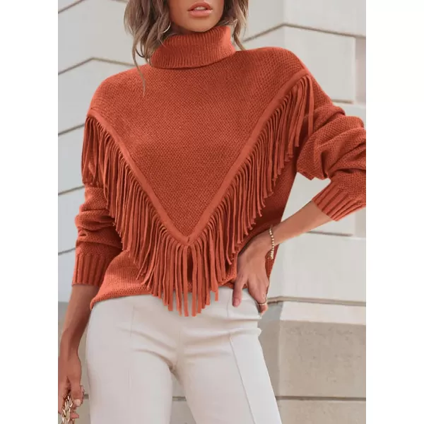 imagePRETTYGARDEN Womens 2023 Fall Knit Pullover Sweaters Long Sleeve Turtleneck Fringe Jumper Tops BlouseOrange
