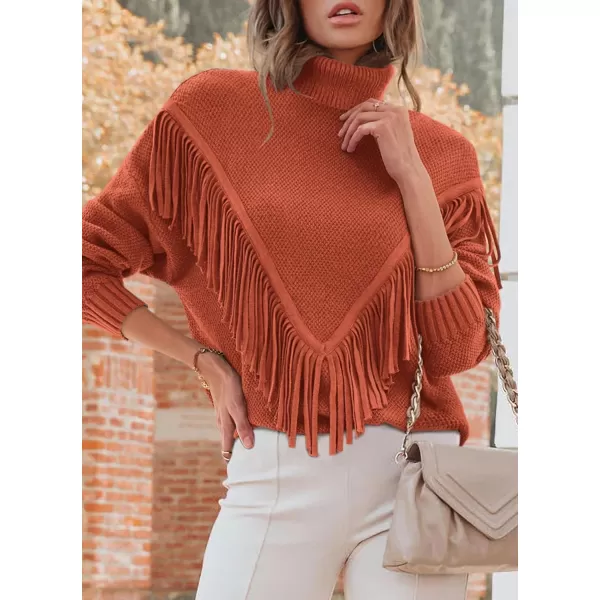 imagePRETTYGARDEN Womens 2023 Fall Knit Pullover Sweaters Long Sleeve Turtleneck Fringe Jumper Tops BlouseOrange