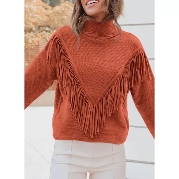 imagePRETTYGARDEN Womens 2023 Fall Knit Pullover Sweaters Long Sleeve Turtleneck Fringe Jumper Tops BlouseOrange