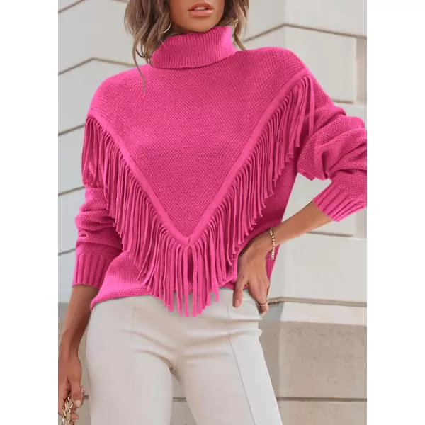 imagePRETTYGARDEN Womens 2023 Fall Knit Pullover Sweaters Long Sleeve Turtleneck Fringe Jumper Tops BlouseRose Red