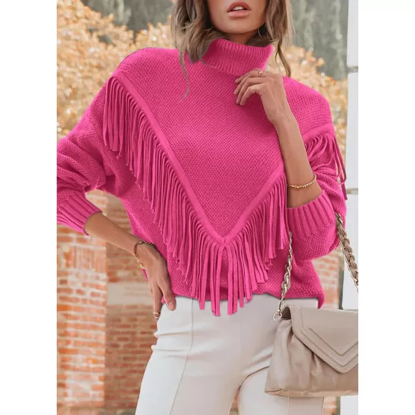 imagePRETTYGARDEN Womens 2023 Fall Knit Pullover Sweaters Long Sleeve Turtleneck Fringe Jumper Tops BlouseRose Red