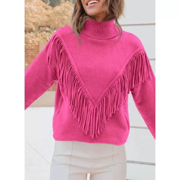 imagePRETTYGARDEN Womens 2023 Fall Knit Pullover Sweaters Long Sleeve Turtleneck Fringe Jumper Tops BlouseRose Red