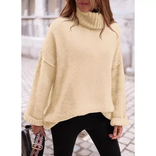 imagePRETTYGARDEN Womens 2023 Fall Knit Sweater Casual Long Sleeve Turtleneck Loose Chunky Pullover TopsBeige