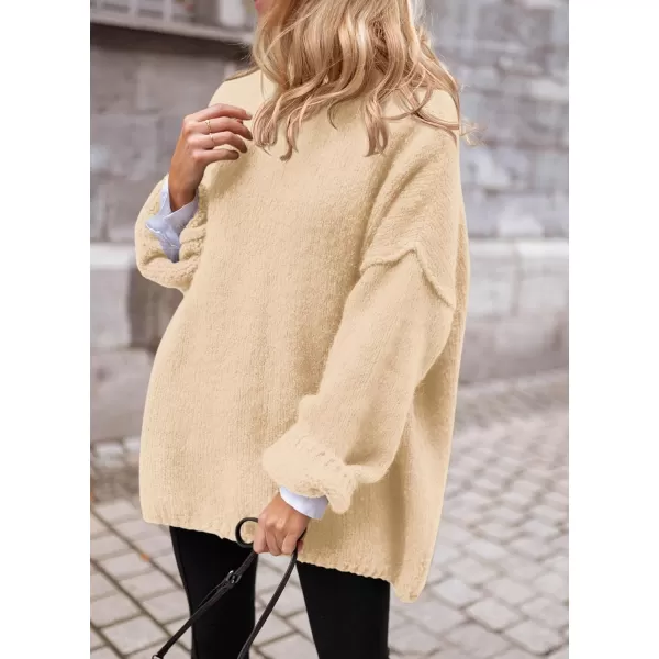 imagePRETTYGARDEN Womens 2023 Fall Knit Sweater Casual Long Sleeve Turtleneck Loose Chunky Pullover TopsBeige
