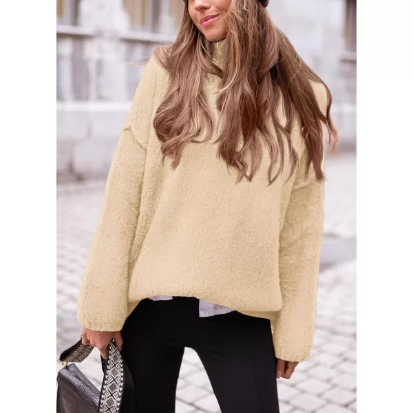imagePRETTYGARDEN Womens 2023 Fall Knit Sweater Casual Long Sleeve Turtleneck Loose Chunky Pullover TopsBeige