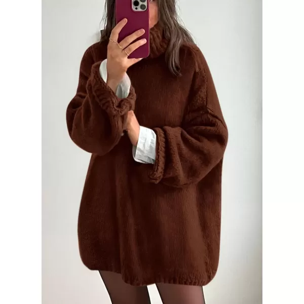 imagePRETTYGARDEN Womens 2023 Fall Knit Sweater Casual Long Sleeve Turtleneck Loose Chunky Pullover TopsDark Coffee