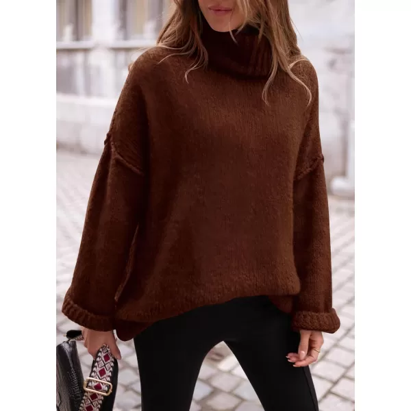 imagePRETTYGARDEN Womens 2023 Fall Knit Sweater Casual Long Sleeve Turtleneck Loose Chunky Pullover TopsDark Coffee
