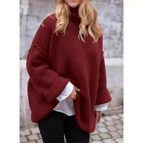 imagePRETTYGARDEN Womens 2023 Fall Knit Sweater Casual Long Sleeve Turtleneck Loose Chunky Pullover TopsWine Red