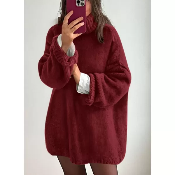 imagePRETTYGARDEN Womens 2023 Fall Knit Sweater Casual Long Sleeve Turtleneck Loose Chunky Pullover TopsWine Red