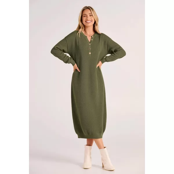 imagePRETTYGARDEN Womens 2023 Fall Knit Sweater Dress Long Sleeve Button V Neck Loose Casual Maxi DressesArmy Green