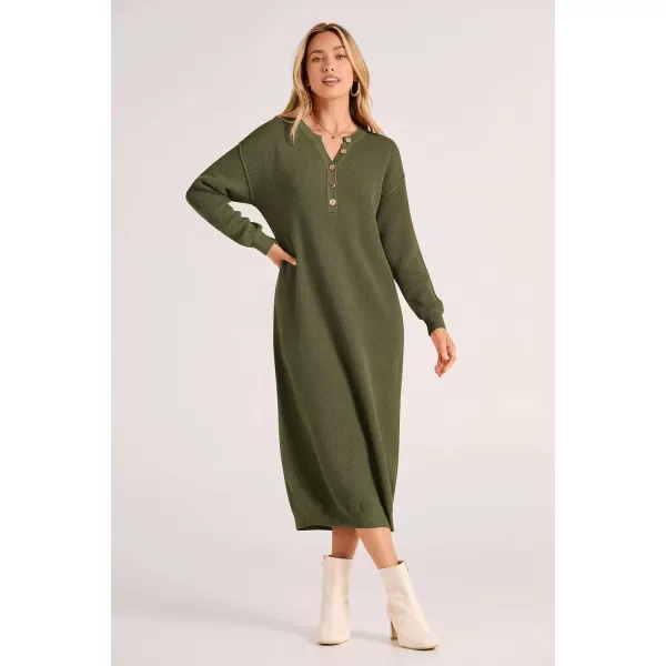 imagePRETTYGARDEN Womens 2023 Fall Knit Sweater Dress Long Sleeve Button V Neck Loose Casual Maxi DressesArmy Green