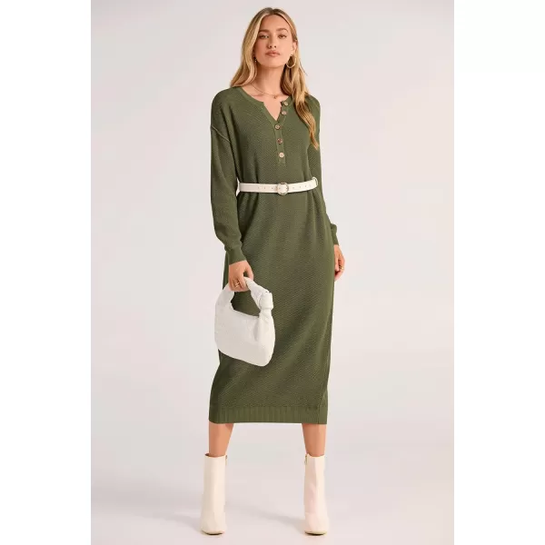imagePRETTYGARDEN Womens 2023 Fall Knit Sweater Dress Long Sleeve Button V Neck Loose Casual Maxi DressesArmy Green