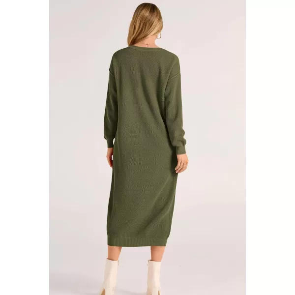 imagePRETTYGARDEN Womens 2023 Fall Knit Sweater Dress Long Sleeve Button V Neck Loose Casual Maxi DressesArmy Green