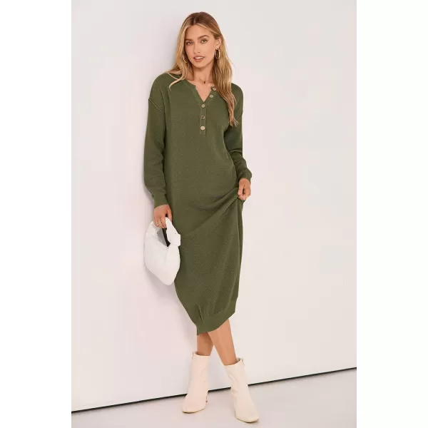imagePRETTYGARDEN Womens 2023 Fall Knit Sweater Dress Long Sleeve Button V Neck Loose Casual Maxi DressesArmy Green
