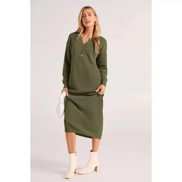 imagePRETTYGARDEN Womens 2023 Fall Knit Sweater Dress Long Sleeve Button V Neck Loose Casual Maxi DressesArmy Green