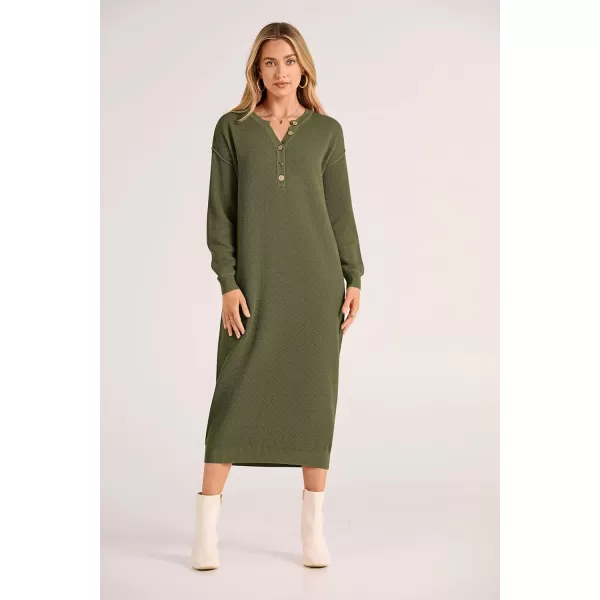 imagePRETTYGARDEN Womens 2023 Fall Knit Sweater Dress Long Sleeve Button V Neck Loose Casual Maxi DressesArmy Green