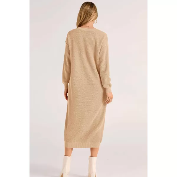 imagePRETTYGARDEN Womens 2023 Fall Knit Sweater Dress Long Sleeve Button V Neck Loose Casual Maxi DressesBeige