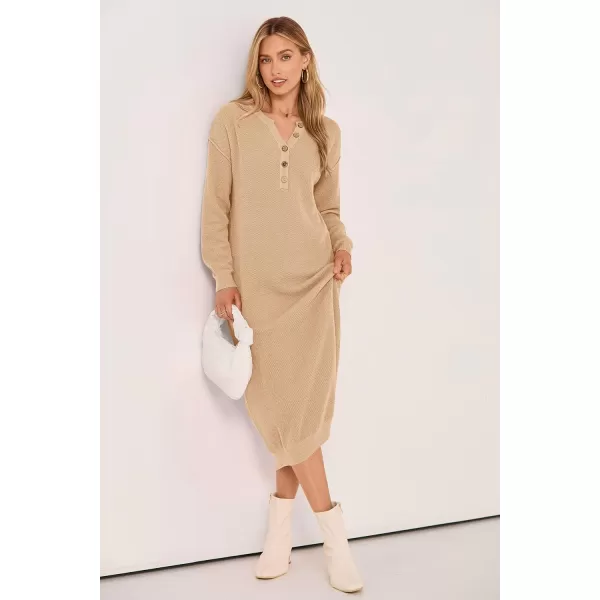 imagePRETTYGARDEN Womens 2023 Fall Knit Sweater Dress Long Sleeve Button V Neck Loose Casual Maxi DressesBeige