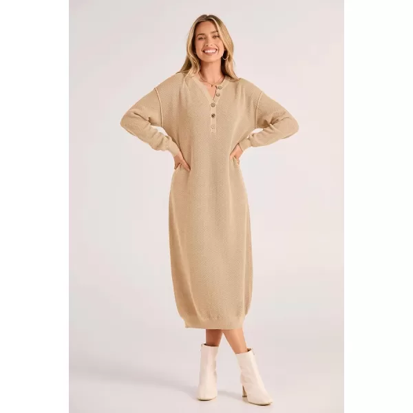 imagePRETTYGARDEN Womens 2023 Fall Knit Sweater Dress Long Sleeve Button V Neck Loose Casual Maxi DressesBeige