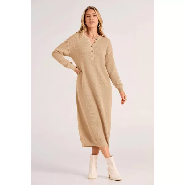 imagePRETTYGARDEN Womens 2023 Fall Knit Sweater Dress Long Sleeve Button V Neck Loose Casual Maxi DressesBeige