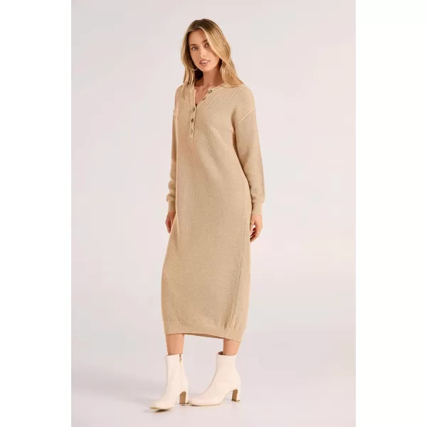 imagePRETTYGARDEN Womens 2023 Fall Knit Sweater Dress Long Sleeve Button V Neck Loose Casual Maxi DressesBeige