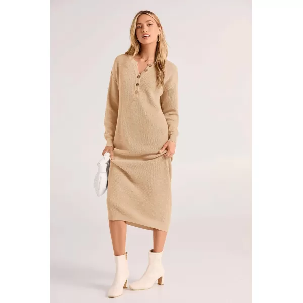 imagePRETTYGARDEN Womens 2023 Fall Knit Sweater Dress Long Sleeve Button V Neck Loose Casual Maxi DressesBeige