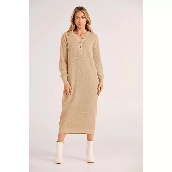 imagePRETTYGARDEN Womens 2023 Fall Knit Sweater Dress Long Sleeve Button V Neck Loose Casual Maxi DressesBeige