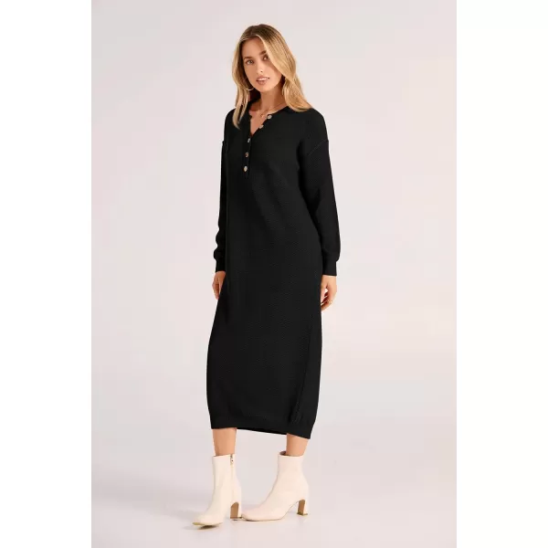 imagePRETTYGARDEN Womens 2023 Fall Knit Sweater Dress Long Sleeve Button V Neck Loose Casual Maxi DressesBlack
