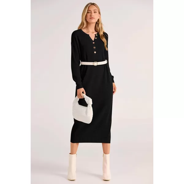 imagePRETTYGARDEN Womens 2023 Fall Knit Sweater Dress Long Sleeve Button V Neck Loose Casual Maxi DressesBlack